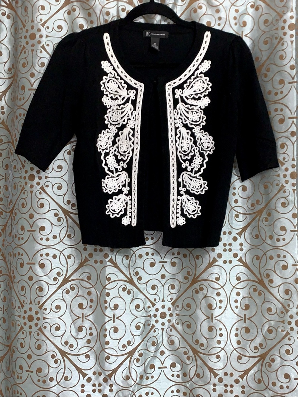 INC Short-Sleeve Cardigan with White Embroidery & Beading•Medium